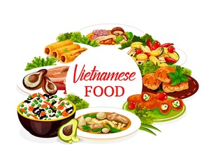 Vietnamese food dishes vector icon. Asian vegetable rice, mushroom noodle soup and bee pho bo, baked fish and pork with pear, stuffed peppers with cheese and herbs, sweet pancake rolls