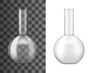 Laboratory glass flask or beaker 3d vector design of chemical lab glassware equipment. Realistic empty boiling flask of chemistry science experiments, biology or medicine tests, pharmacology research