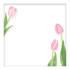 Watercolor pink tulip flowers in paper cut style inside square frame. Simple and beautiful composition. Good for web design or post in social networks.