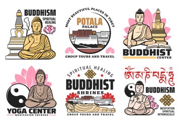 Buddhism religion vector icons. Buddha statues with lotus flowers, Buddhist shrine stupas, Potala Palace and fortress, yin yang and endless knot Asian symbols of meditation, yoga, spiritual practice