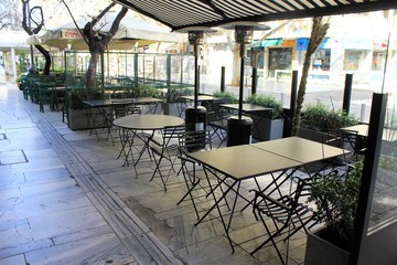 Athens, Greece, March 14 2020 - Closed restaurant due to Coronavirus outbreak.