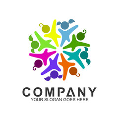 colorful circle people logo design, kids care community symbol, adoption and charity icon, human logo template