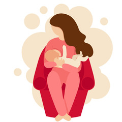 Breastfeedig vector concept. Caucasian women sitting in comfortable armchair and feeding with breast her small baby. Infant dressed in bodysuit romper.  Bright illustration in flat cartoon style.