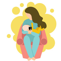 Woman sitting in comfortable chair, feeding with breast her small baby and holding smart phone in his hand. Easy motherhood and  social network addiction concept. Bright illustration in flat style.