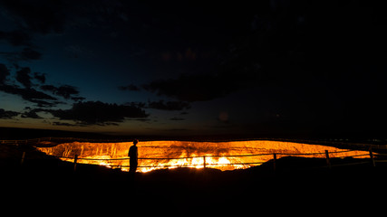 Darvaza Crater Woman Night Turkmenistan