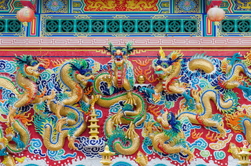 Colorful Dragon Decorate on Chinese Shrine's Wall.