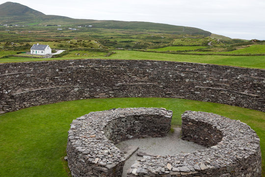 Cahersiveen (Ireland), - July 20, 2016: Cahergal Stone Fort dating from the Iron Age (500BC to 400 AD), Near Cahersiveen, The Ring of Kerry, County Kerry, Ireland