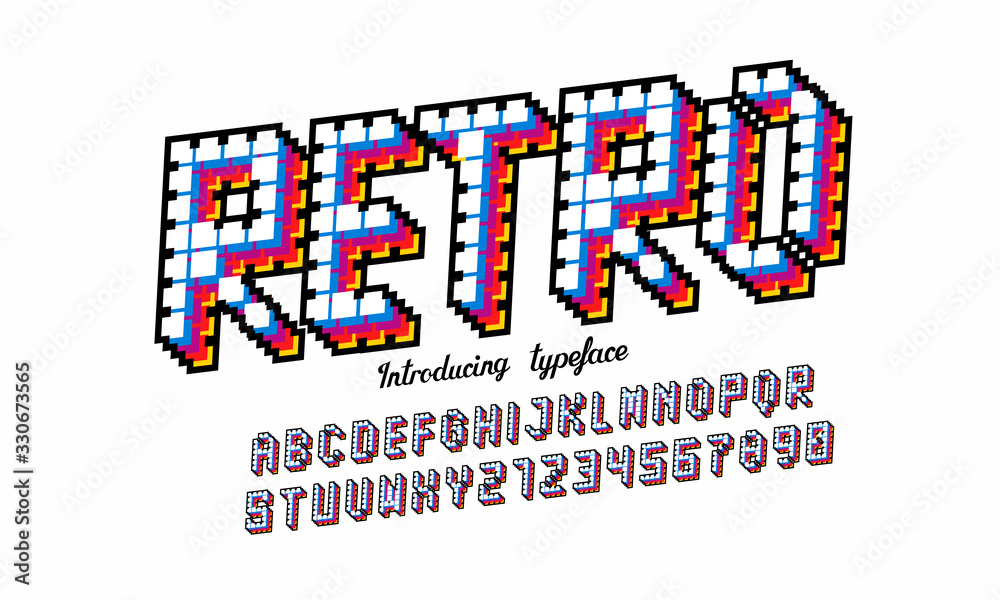Fototapete pixel retro font video computer game design 8 bit letters and numbers electronic futuristic style ve