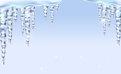Icicles icy for background, isolated realistic, sparkling. Spring ice is melting.