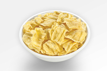 Papdi (papadi) Gathiya is a very popular Gujarati snack, white bowl on white background, pouch packing common street snack from India.