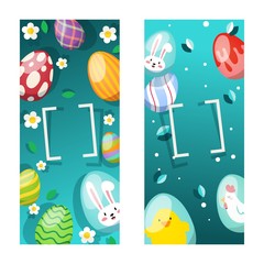 Naklejka premium Easter card with spring flowers and cute baby bunn, decorative eggs in frame cartoon vector illustration. Funny bunny for easter holiday spring flowers card.