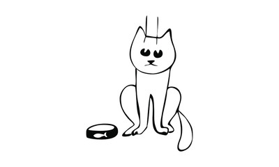 cat sitting near the bowl . dear Doodle. use as clip art, print, postcard or animation