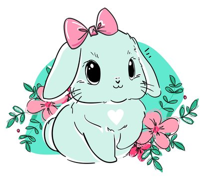 Rabbit. Hand drawn cute bunny and flowers. Vector illustration. © Alsu Art