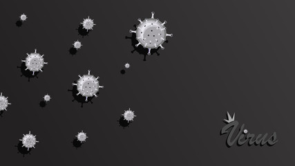 Flying coronavirus. Virus attack. Vector black background, poster with place for text. Vector illustration for science and medical use, informing, preventing spreading viral infections.