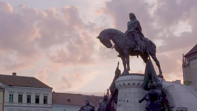 Slow motion shot of Mathias Rex statue in Cluj main square. Romania Transylvania