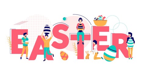 Happy Easter typography banner template, vector flat illustration