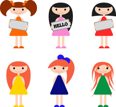 Cute little girls with different hairstyles and clothes that are different in color on a white background. Girls holding a sign in their hands. 6 options.
