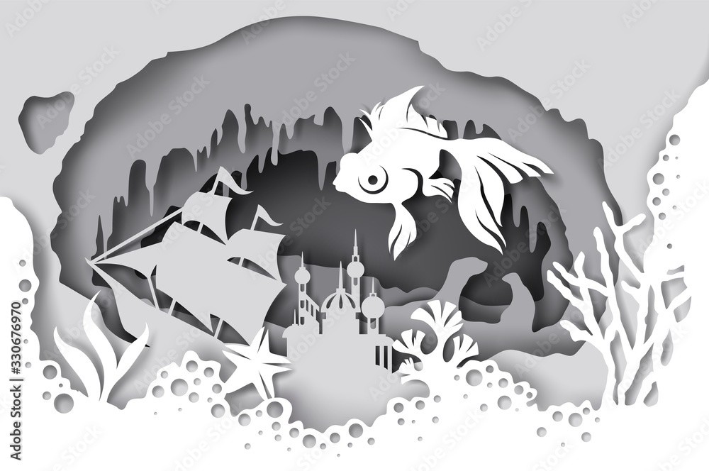 Wall mural Aquarium vector illustration in paper art style