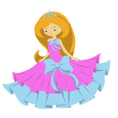 little princess with long hair in pink and blue dress with lush blue bow and with a diadem on a white background