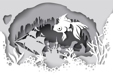 Aquarium vector illustration in paper art style