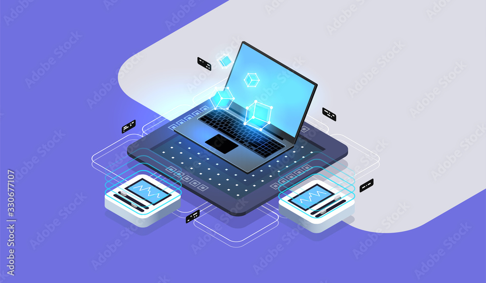Poster big data concept. software development and programming, data visualization on laptop screen. modern 