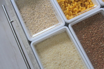 Rice, noodles, oats and buckwheat in a box