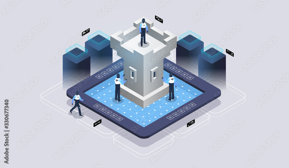 Poster Concept of data network management .Vector isometric map with business networking servers. Data protection.