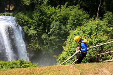 Fototapeta premium Terni (TR), Italy - May 10, 2016: Setting off on a rafting and kayaking trip on river near the famous Marmore waterfall, Terni, Umbria, Italy