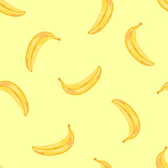 Seamless pattern with the image of bananas. Fruits in a watercolor style. Vector illustration isolated on a yellow background.
