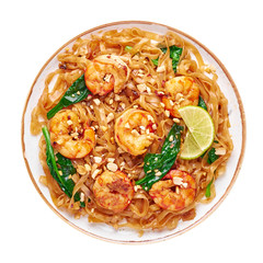 Prawn Pad See Ew isolated on white background. Pad See Ew is thai cuisine dish with rice noodles, prawns, soy and oyster sauces and greens. Thailand food. Isolate