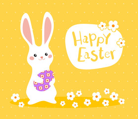 Happy Easter greeting banner with colorful bunny and egg on yellow background.