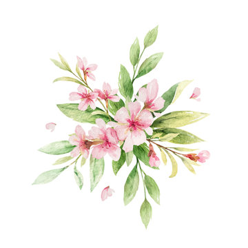 Watercolor vector wreath of pink flowers and almond leaves.