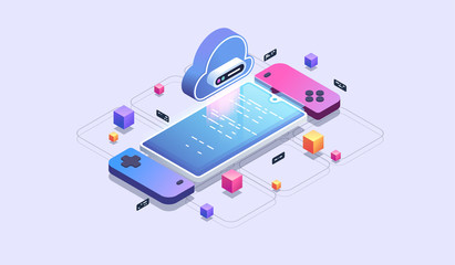 Mobile cloud gaming. Phone games development. Modern isometric illustration.