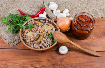 Buckwheat porridge with fried mushrooms and onions, ingredients, seasonings