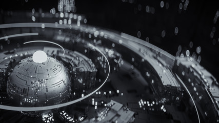 Black and white rotating mech construction 3D rendering