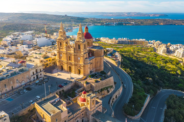 Aerial view of famous old Mellieha Parish Church or Birth of Our Lady. Malta 