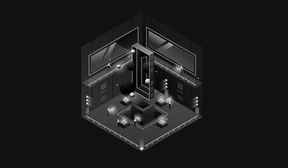 Fototapeta na wymiar dark laboratory interior. Data visualization. futuristic industrial building. Dark isometric illustration.