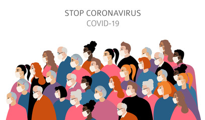 Obraz premium Many different ages and nationatily people in medical face mask. Quarantine, stop coronavirus epidemic design concept
