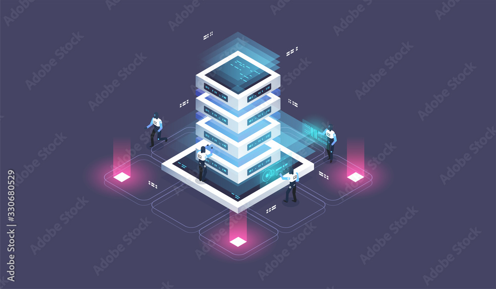Fototapete Isometric design concept virtual reality and augmented reality. Concept of big data processing, energy station of future