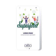 women couple on superfood word holding nuts and herbs healthy lifestyle vegan fresh raw food vegetarian concept smartphone screen mobile app full length copy space vector illustration