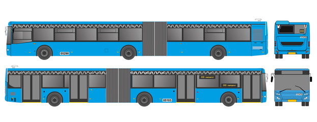 Russian blue bus from Moscow isolated. Text in russian: Route.Scale 1:10.Vector.