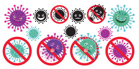 Covid-19 or Coronavirus Virus Character Icons and No Symbols Set