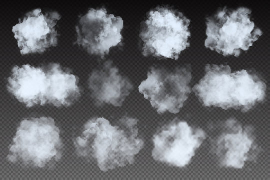 Vector set of realistic isolated fluffy cloud on the transparent background. Transparent cloudy natural sky elements.