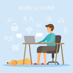 Men use Computer and Internet Working at Home