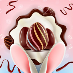 Happy Easter vector background concept with realistic chocolate Easter eggs, bunny ears and flowers. Vector Illustration for spring Holiday ads, and invitations with text space. 