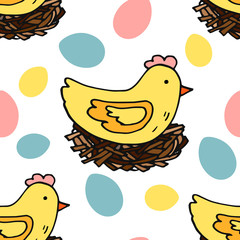 Easter chicken in nest, seamless pattern, kitchen design, farm style.