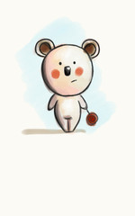 stylized illustration of a toy bear with a candy in his hand and an emotion of sadness, discomfort, embarrassment or indignation
