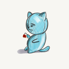 a stylized sad blue kitten looks at a wilted flower on a blue background