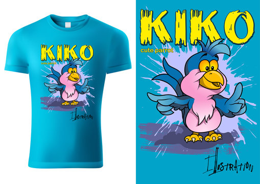 Blue Child T-shirt Design With Cartoon Parrot Character - Cheerful Unisex Illustration, Vector