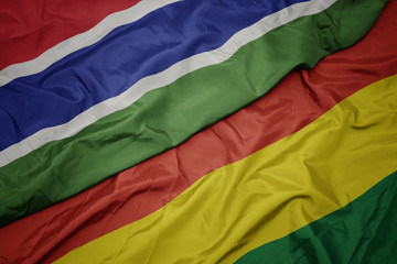 waving colorful flag of bolivia and national flag of gambia.